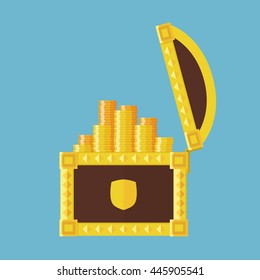 Open chest with gold coins. Simple, flat style. Graphic vector illustration.