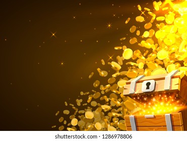 Open chest with gold, Falling from the top a lot of coins. Vector illustration