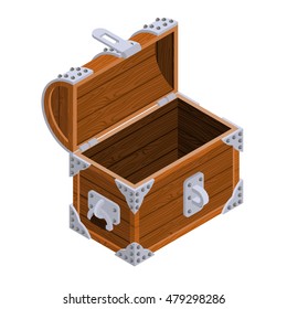 Open chest isometrics. Blank Old casket. Pirate bag