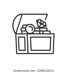 Un tórax abierto, icono lineal. Tesoro con joyas y dinero. Línea con trazo editable