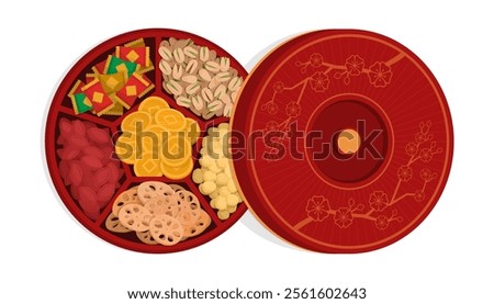 Open Chinese candy box filled with treats, Chinese New Year celebration and Chinese culture concept