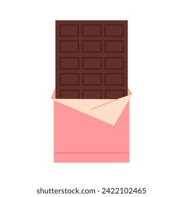 Open chocolate bar with pink wrapper, package with sweet snack vector illustration