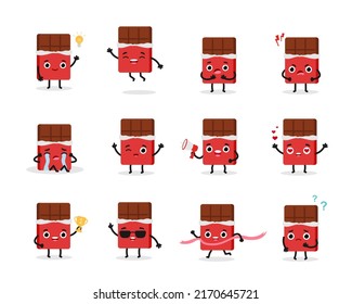 Open chocolate bar set emotions characters. Flat vector illustration