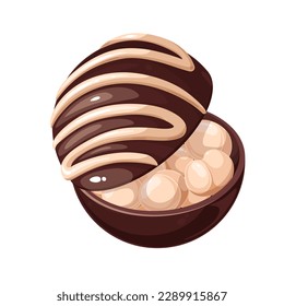 Bomba de chocolate abierta con malvaviscos de ilustración vectorial. Caricatura aislada linda bola marrón tratar con chocolate blanco o azucarado decoración, caramelos de cacao de forma redonda para bebida caliente en las vacaciones