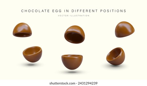 Open chocolate egg in different positions. Shiny chocolate halves, vector mockup