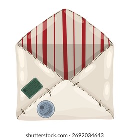 Open Christmas envelope with a striped lining, stamp, and seal. Hand drawn vector isolated element.