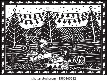 open christmas presents. illustration of cordel style