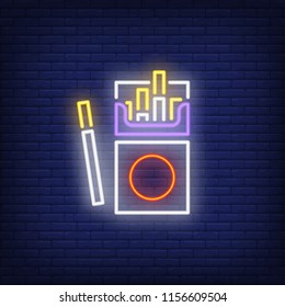 Open cigarette pack neon sign. Smoking, healthcare and addiction concept. Advertisement design. Night bright colorful billboard, light banner. Vector illustration in neon style.
