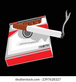 Open cigarette package box, vector illustration. Isolated on black background, symbol, icon, concept of smoke problem, narcotics, product, production, tobacco, cigarette symbol.