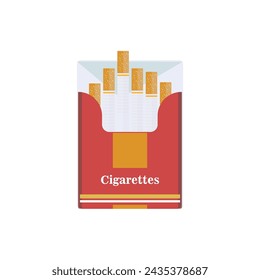Open cigarettes pack box flat style vector, illustration isolated on a background, icon logo design idea, symbol, smoke problem concept, narcotic, product, production, tobacco, cigarette symbol.