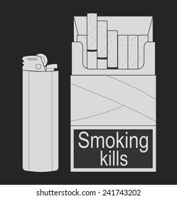 Open cigarettes pack with disposable gas lighter. Chalk vector clip art illustration isolated on white