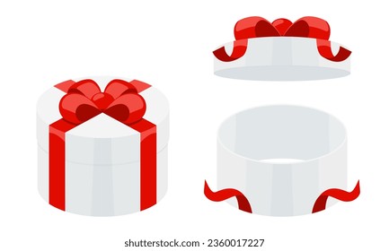 Open a circle mystery gift box with a red ribbon on isolated white background. Random secret loot box top view concept. Vector illustration cartoon isometric flat design.