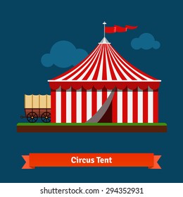 Open Circus Striped Tent With Wagon Wheel In The Back. Flat Vector Icon.