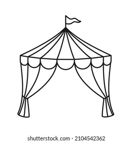 Open circus tent with flag as frame in outline vector icon