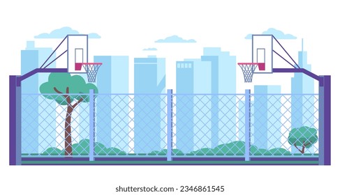 Open city basketball court against backdrop of trees and skyscrapers. Empty street playground. Outdoor sport ground. Streetball baskets and grid fence. Urban landscape