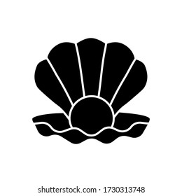 Open clam with pearl black glyph icon. Exotic seashell with precious gem. Ocean souvenir, conchology silhouette symbol on white space. Scallop shell, oyster, mussel vector isolated illustrations