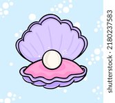 Open clam with pearl. Exotic shell with precious gem. Ocean souvenir, scallop shell, oyster. Precious pearl. Seabed.