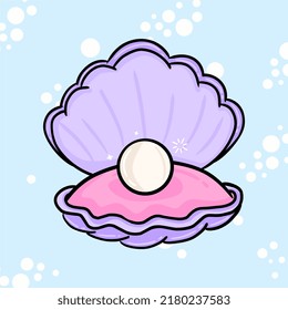 Open clam with pearl. Exotic shell with precious gem. Ocean souvenir, scallop shell, oyster. Precious pearl. Seabed.