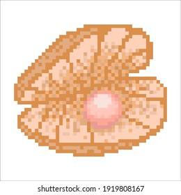 Open clam shell with pearl pixel art icon. Retro gaming scallop, clam or mussel with beauty gem vector illustration. 8 bit sea pastel clam with shining white and pink pearl on white background. 