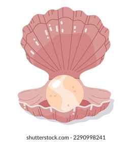 Open clam shell with pearl. Scallop seashell with pearl, sea shellfish, ocean marine fauna flat vector illustration on white background