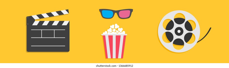 Open clapper board. 3D glasses Movie reel Popcorn box. Cinema icon set line. Flat design style. Yellow background. Isolated. Vector illustration