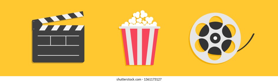 Open clapper board. Movie reel Popcorn box. Cinema icon set line. Flat design style. Yellow background. Isolated. Vector illustration