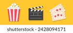 Open clapper board. Popcorn box package. Ticket Admit one. Three star. Cinema movie icon set. Line banner. Flat design style. Sticker print template. Yellow background. Vector illustration