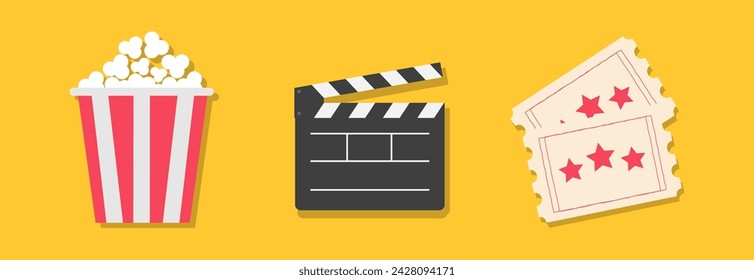 Open clapper board. Popcorn box package. Ticket Admit one. Three star. Cinema movie icon set. Line banner. Flat design style. Sticker print template. Yellow background. Vector illustration