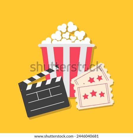 Open clapper board. Popcorn box package. Ticket Admit one. Three star. Cinema movie icon set. Flat design style. Sticker print template. Yellow background. Vector illustration