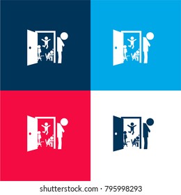 Open class door with student in different attitudes and the teacher tired and resigned out with head down four color material and minimal icon logo set in red and blue