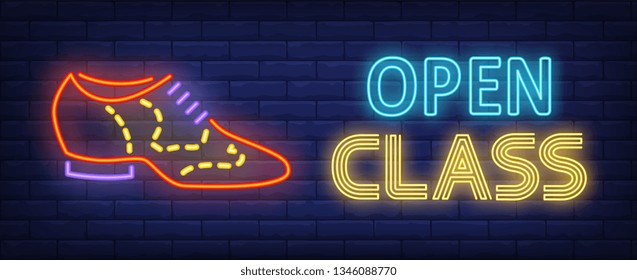 Open class neon text with tango dancing shoe. Dance studio design. Night bright neon sign, colorful billboard, light banner. Vector illustration in neon style.
