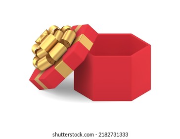 Abrir caja clásica de regalo policonal rojo caro para festividades de cumpleaños celebrando 3d ilustración vectorial isométrica. Paquete de cartón festivo hexagonal de lujo brillante deseable presente aislado