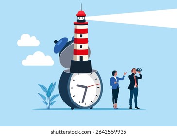 Open clock to see lighthouse. Lighthouse on hours looking for future vision. World economic vision for business, technology or investment. Value increases over time. Vector illustration 