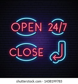 Open, Close, 24/7 and Arrow neon signs. Neon icon, night signboard. Vector illustration.