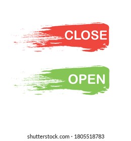 Open close banner. Stamp on green and on red smear of paint background art design element stock vector illustration button for web, for print site, social networks, online store