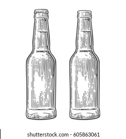 Botella de cerveza abierta y cerrada. Ilustración de grabado vectorial negro vintage. Aislado sobre fondo blanco.