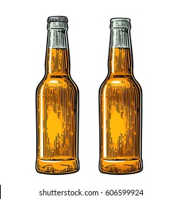 Open and close beer bottle. Vintage black and color vector engraving illustration. Isolated on white background.
