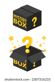 Open and Close Black mystery gift box and question icon isolated on white background. Random reward present secret loot box isometric concept. Vector illustration cartoon flat design.