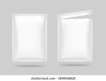 Open and close blank sachet packaging for food, cosmetic and hygiene. Vector illustration. Ready for your design. EPS10.	