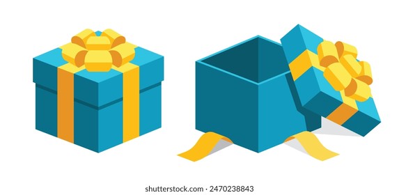 Open close blue gifts present boxes with yellow color ribbon bows flat design illustration. Isometric vector interface elements for app icon ui ux banner web invitation isolated on white background