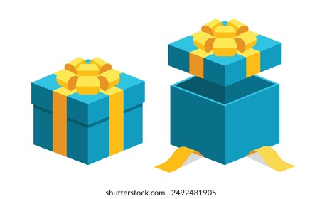 Open close blue gifts present boxes with yellow color ribbon bows flat design illustration. Isometric vector interface elements for app icon ui ux banner web invitation isolated on white background