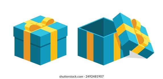 Open close blue gifts present boxes with yellow color ribbon bows flat design illustration. Isometric vector interface elements for app icon ui ux banner web invitation isolated on white background
