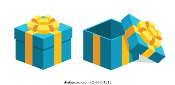 Abrir cerrar regalos azules presentes cajas con lazos de cinta de color amarillo ilustración de diseño plano. Elementos isométricos de la interfaz del Vector para la invitación del Web del App ui ux Anuncio aislado en el fondo blanco