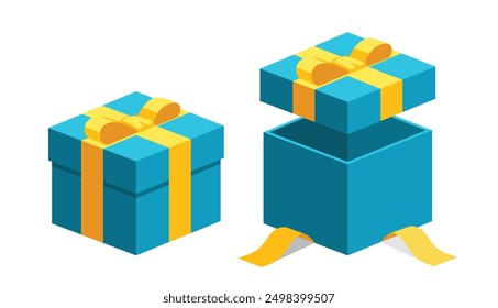 Open close blue gifts present boxes with yellow color ribbon bows flat design illustration. Isometric vector interface elements for app icon ui ux banner web invitation isolated on white background
