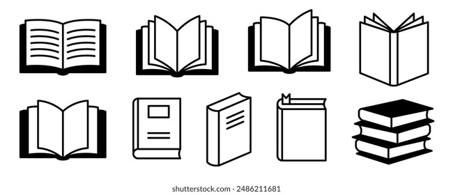 Open close book black line icons. Literature book logo. Textbook symbols. Vector illustration.