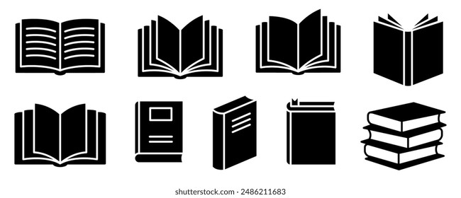 Open close book black line icons. Literature book logo. Textbook symbols. Vector illustration.