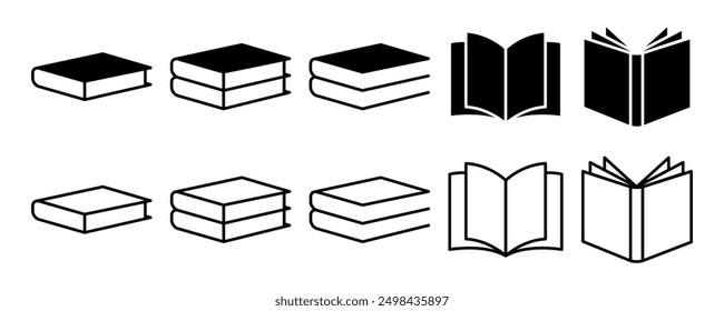 Abrir cerrar los iconos de la línea negra del libro. Logotipo del libro de literatura. Símbolos de libros de texto. Ilustración vectorial.