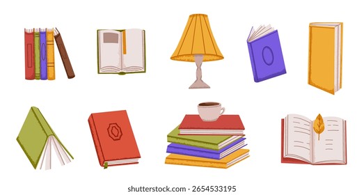 Open and close books for study with autumn leaf and cup of tea. Home library with book stack and lamp in flat style
