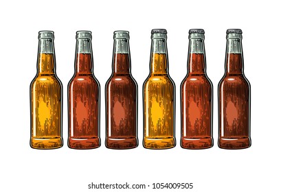 Open and close bottle with three types beer - light, red and porter. Vintage color vector engraving illustration. Isolated on white background.