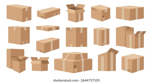 Open and close boxes with fragile and umbrella symbols. Vector isolated set of realistic cardboard packages with duct tape. Side view on empty parcels for delivery and transportation